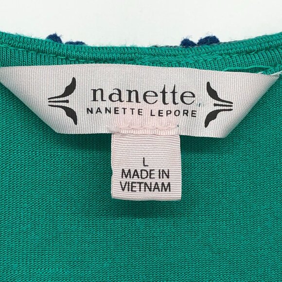 Nanette Lepore Teal Green Short Sleeve Flowy V-Neck yarn trim Blouse size L - Picture 3 of 16